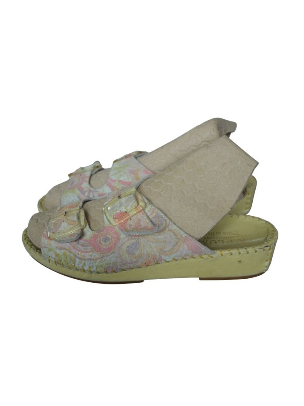 La Plume Floral Leather Wedge Sandals Double Buckle Strap Size 6.5 (37) Boho